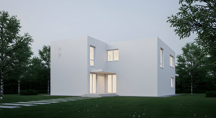 A minimalist white cube house with subtle texture