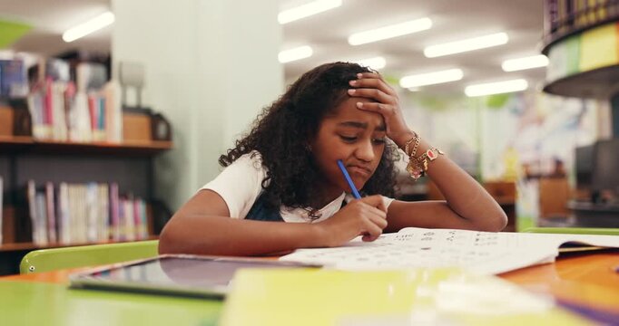 Girl, child and stress in library with homework, headache or adhd with burnout for project at school. Kid, frustrated and pupil with learning disability for writing, notes and education at academy