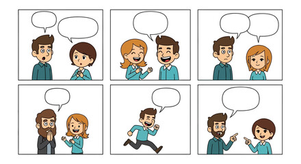 Comic strip template depicting conversations between diverse cartoon characters in various settings