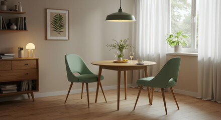 A minimalistic dining setup with two chairs and a round table under warm lighting in a quiet room