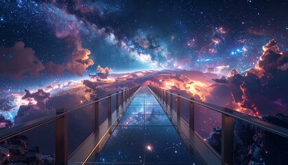 Floating glass bridges stretching across shimmering galaxies, infinite depth ethereal DESIGN creation.