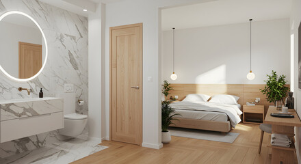 A modern bedroom styled space offering a a inviting atmosphere feel, detailed with white and wood, wooden flooring, marble countertops --ar 169
