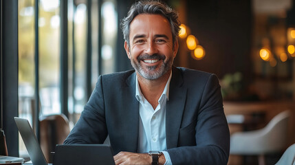 Smiling confident businessman in a suit sitting at a table with a laptop and tablet at his work desk indoors