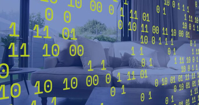 Binary codes appearing, streaming yellow digits across gray sofa, flickering, visualizing data flow