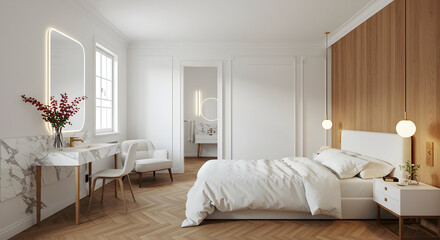 A modern bedroom styled space offering a a inviting atmosphere feel, detailed with white and wood, wooden flooring, marble countertops --ar 1697.jpg