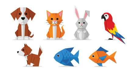 Origami Pet Collection Cute Dog Cat Rabbit Parrot and Fish Illustrations for Design