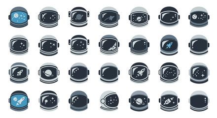 Collection of astronaut helmets with space and rocket designs in a vector format