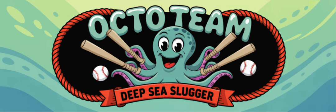 Fun Cartoon Octopus Baseball Mascot Logo &ndash; Octo Team Deep Sea Slugger with Bats and Balls, Vibrant Nautical Sports Design