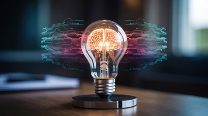 Illuminated Brain Inside a Light Bulb with Digital Circuitry Overlay Representing AI and Innovation