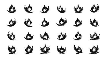 Seamless pattern featuring stylized black chili peppers with flames, representing spiciness and