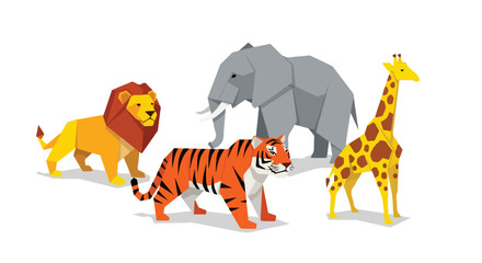 Origami Style Adorable African Safari Animals Lion Tiger Elephant Giraffe Flat Vector Illustration