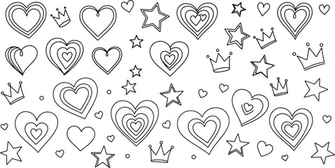 Black and White Pattern of Hearts Stars and Crowns Whimsical and Playful Design for Wrapping Paper or Backgrounds