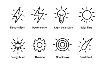 Energy Spark Icons Set. Outline icon set of energy spark: electric flash, power surge, light bulb spark, solar flare, energy burst, dynamo, shockwave, spark
