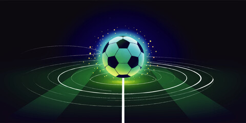 Glowing Soccer Ball on Futuristic Green Field – Dynamic Night Sports Illustration, Modern Energy Light Streaks Background
