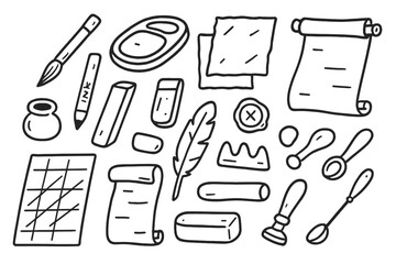 Ancient Calligraphy Tools. Hand-drawn doodle illustration Ancient calligraphy materials bamboo brush, ink stone, rice paper, seal stamp, ink stick, ink pot,