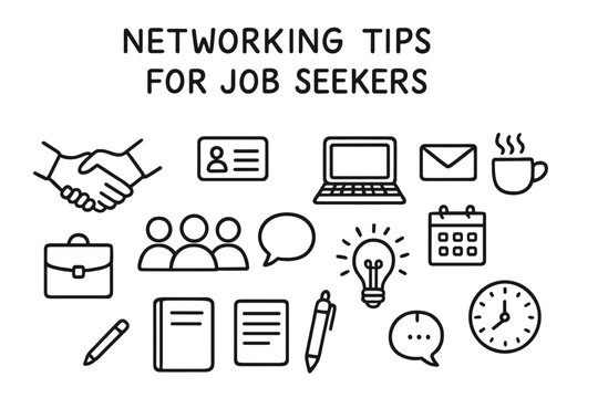 Networking Essentials Icons. Hand-drawn doodle illustration Networking tips for job seekers handshake, business card, phone, laptop, email, calendar, coffee
