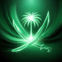 Green abstract design with palm tree and crossed swords  