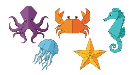 Origami Sea Creatures Collection Octopus Crab Seahorse Jellyfish Starfish Geometric Vector Art