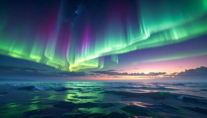 Naklejka premium Vast horizon filled with glowing auroras cascading over silver oceans, heavenly ethereal DESIGN concept. 