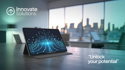 Innovate Solutions Tablet Displaying Data Visualization in a Modern Office Setting with Cityscape Background at Sunset