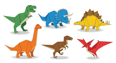 Collection of Origami Dinosaurs T Rex Triceratops Stegosaurus Brachiosaurus Velociraptor Pterodactyl Cute Vector Illustration for Kids