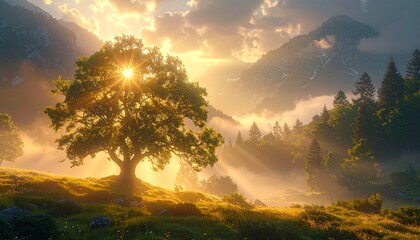 Translucent glowing trees rising in misty valleys, delicate light beams shimmering through ethereal DESIGN scenery.