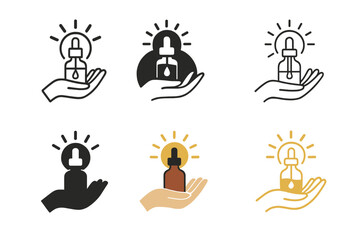 Serum Logo Variations. Using serums for glowing skin. Set Logo of using serums for glowing skin: skincare routine with serum bottle. harmonious logo variations