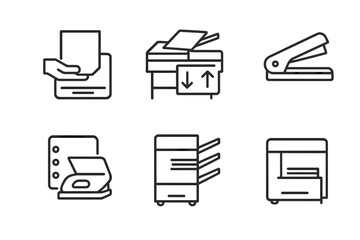 Copier Paper Icons. Outline icon set of copier paper handling: manual feed, automatic document feeder, duplexer, stapler, hole punch, sorter, stacker, output