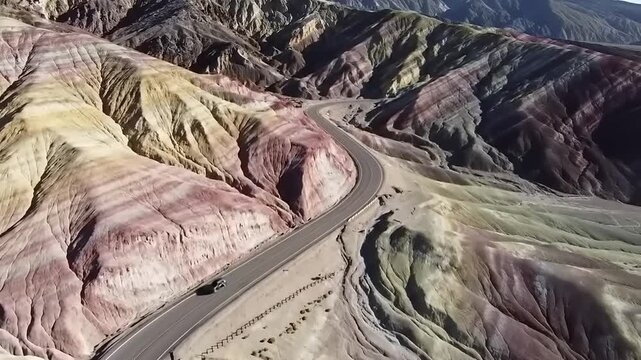 Winding road through colorful mountains aerial perspective