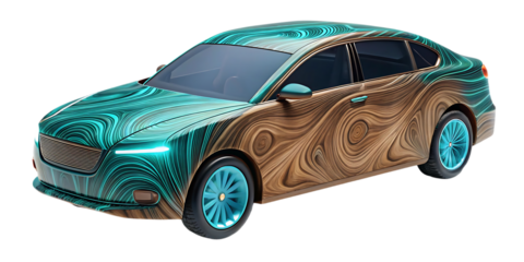 Futuristic car with swirling green and brown metallic paint
