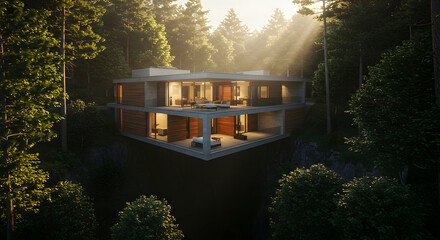A modern dwelling with a dramatic cantilever over a forest ravine