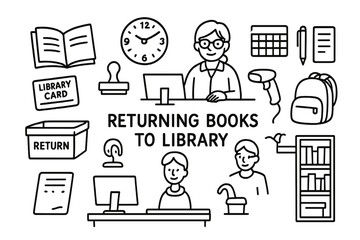 Library Return Doodles. Hand-drawn doodle illustration Returning books to library book, library card, stamp, return bin, desk, librarian, barcode scanner,