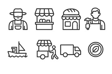 Local Economy Icons. Outline icon set of local economy: farmer, market stall, bakery, local craftsman, fishing boat, street vendor, delivery truck, local