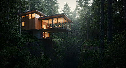 A modern dwelling with a dramatic cantilever over a forest ravine