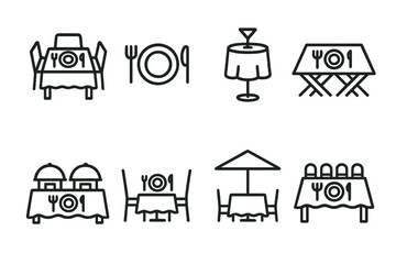Napkin Settings Icons. Outline icon set of napkin settings: dining table, place setting, cocktail party, picnic setup, buffet line, restaurant table, outdoor