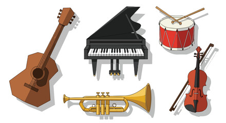 Diverse Musical Instruments Vector Illustration Guitar Piano Drum Violin Trumpet Collection on White Background