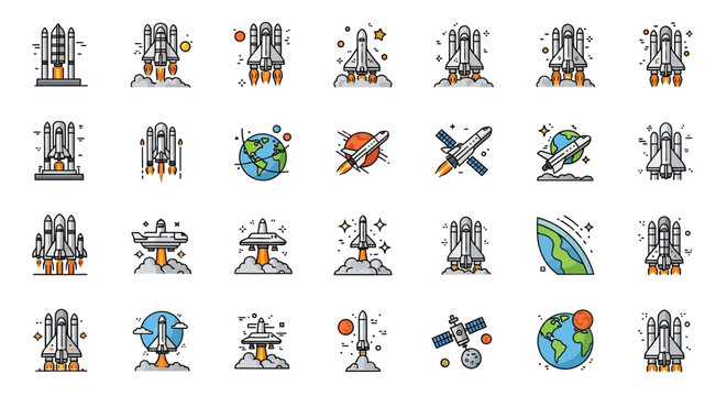 Collection of vector icons representing space exploration and space technology design ideas