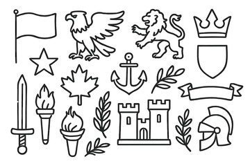 National Symbol Doodles. Hand-drawn doodle illustration National symbols flag, eagle, lion, crown, shield, star, maple leaf, anchor, laurel wreath, sword,