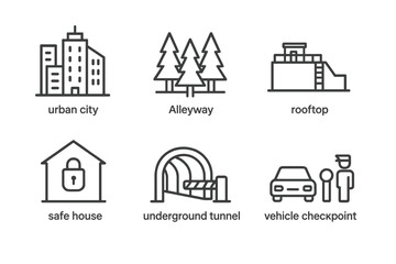 Field Agent Icon Set. Outline icon set of field agent environment: urban city, alleyway, forest, rooftop, safe house, underground tunnel, border crossing,