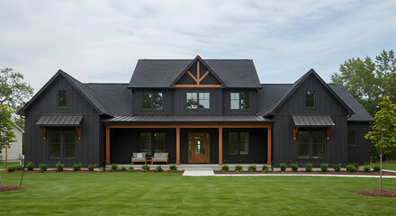 A modern farmhouse with black siding and a large covered porch