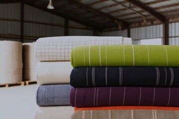 Stacked rolls of various striped and checked fabrics in a warehouse setting showcase diverse textile textures and colors