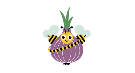 Adorable illustration of a purple onion with a bee face and bee stripes around it