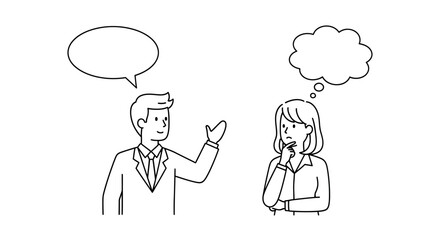 Illustration depicting a business communication scenario with speech and thought bubbles