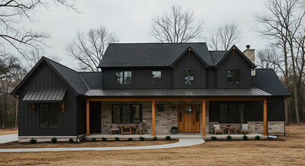 A modern farmhouse with black siding and a large covered porch