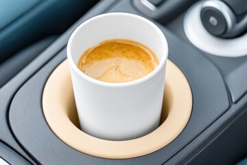 A cup of espresso sits in a car's cup holder, perfect for a quick caffeine boost on the go