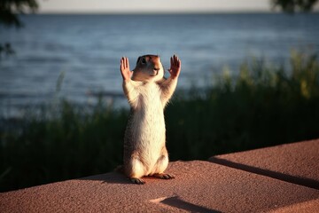 A cute prairie dog stands on a wall near a lake, raising its paws in a playful, expressive pose