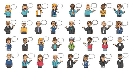 Obraz premium Diverse group of cartoon business people talking in speech bubbles illustration style