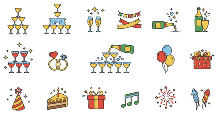 Obraz premium Vector icons set champagne glasses pyramid festive celebration