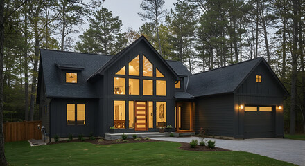 A modern farmhouse with dark siding and large, bright windows