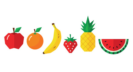 Flat Design Assortment of Fresh Fruits Apple Orange Banana Strawberry Pineapple and Watermelon Slice Healthy Food Vector Icon Collection